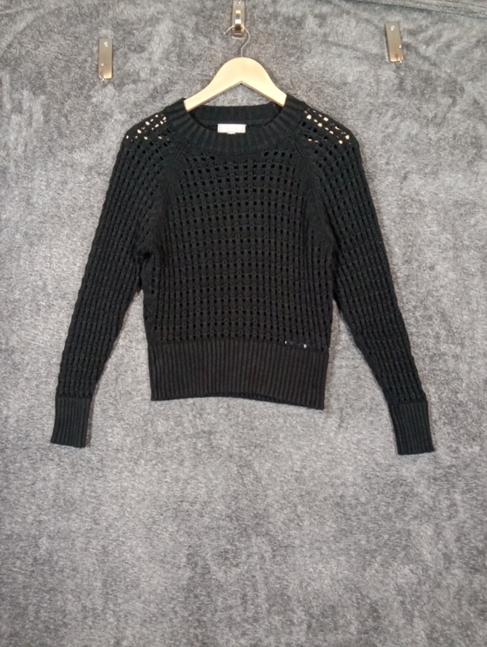 J Crew Pointelle Crewneck Sweater Black Knit Pull Over Boho Fall Womens M - Picture 2 of 8